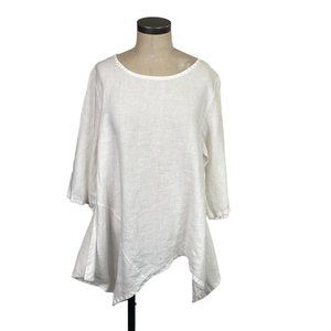 Bryn Walker 100% Linen Asymmetric Hem Draped Tunic Top Blouse Large White Boxy